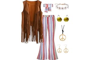 CICOCI 60s 70s Outfit For Women Hippie Costume 8pcs Fringe Vest Flared Pants Costume Peace Sign Necklace Earrings