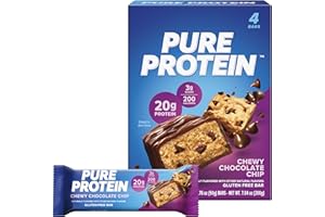 Pure Protein Bars, High Protein, Nutritious Snacks to Support Energy, Low Sugar, Gluten Free, Chewy Chocolate Chip, 1.76oz, Pack of 4