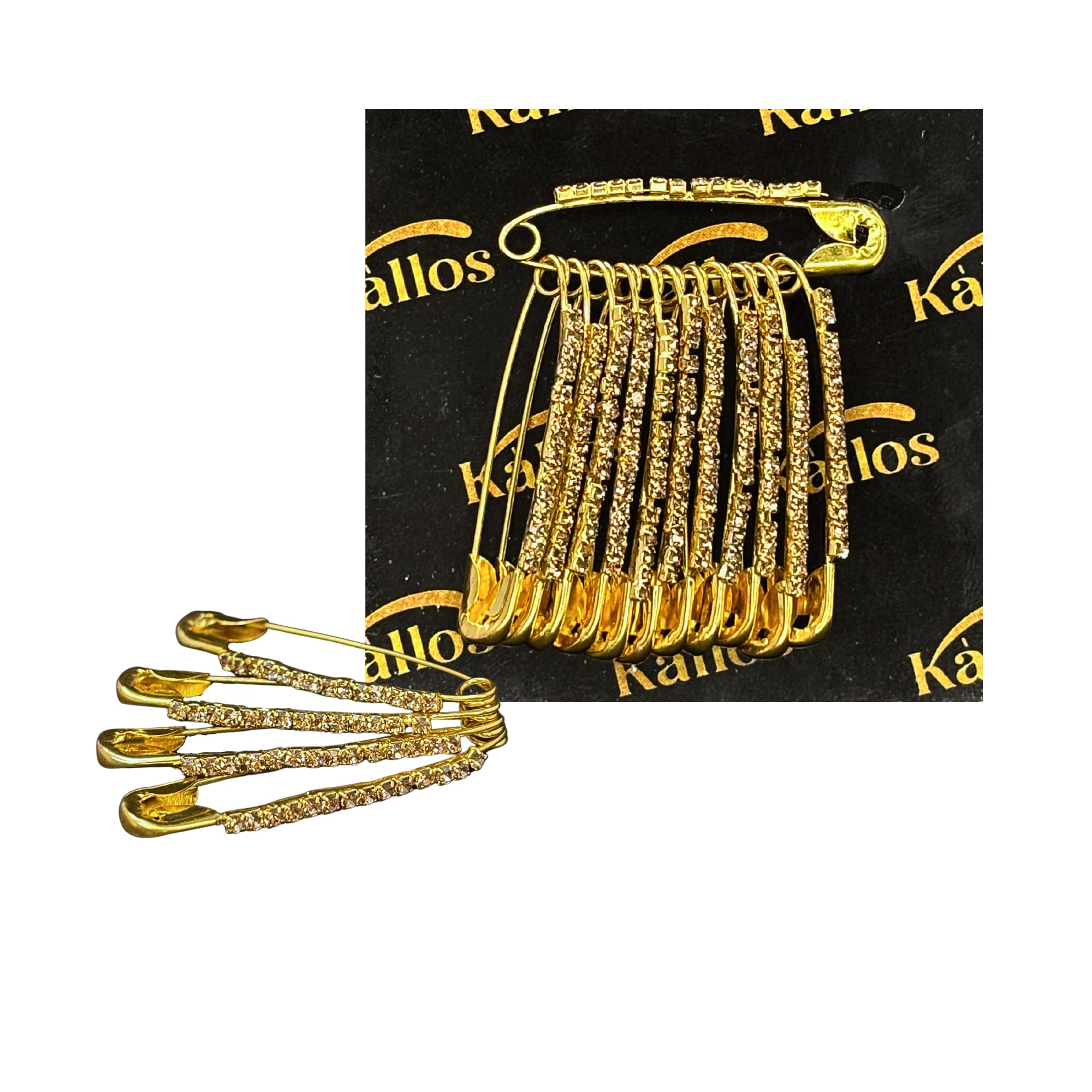 Kàllos 12-Piece Safety Pins with Multi Faux Crystal - Diamond stones Designer Safety Pins for Sarees, Clothing, and Crafts (golden)