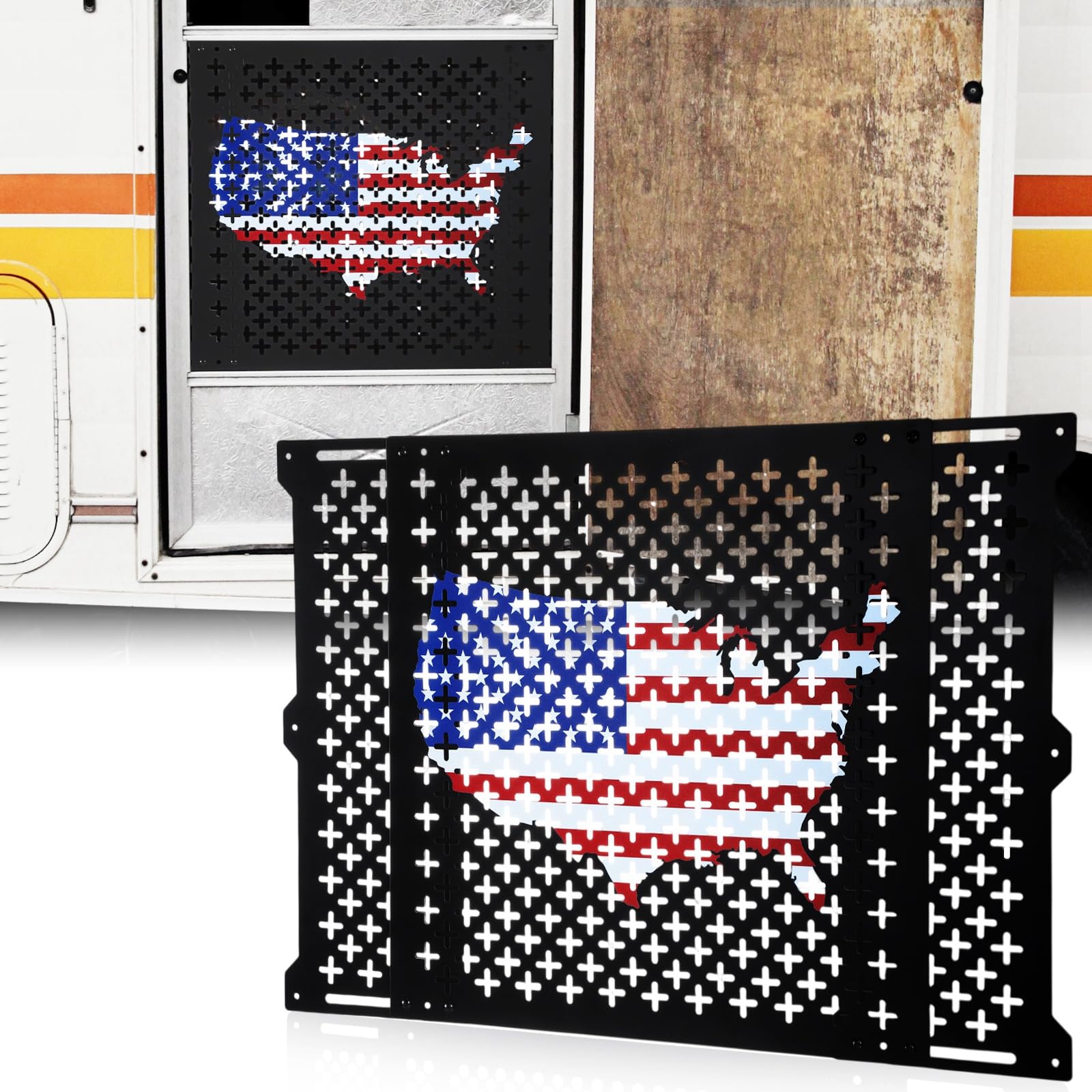 Photo 1 of **no onstructions** Gisafai 18 Inch High Adjustable RV Door Screen Protector Adjusts from 21''- 31.5'' Aluminum RV Entry Screen Door Grille Alloy Screen Door Grill Screen Defender for RV Door, Black