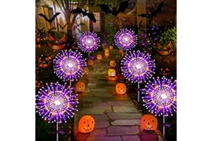 LORRYTE 6-Pack Purple And Orange Solar Halloween Lights Outdoor, 540 LED Outdoor Halloween Decorations, Solar Garden Lights with 2 Modes, Solar Firework Light Waterproof For Halloween Party Yard Pathway Patio