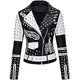 Bellivera Faux Leather Jacket for Women Studded Rivet Floral Moto Biker Short Lapel Coat