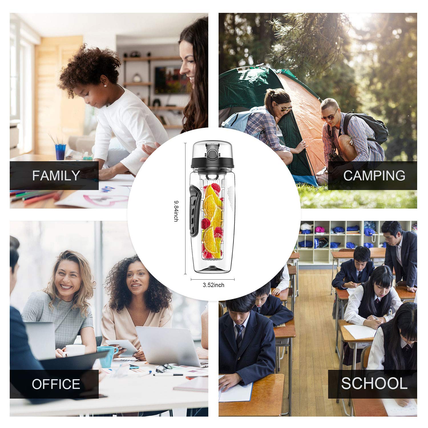 Babacom Wasserflasche Mit Fruchteinsatz 1L/32OZ Trinkflasche Sport mit Infuser Reinigungsbürste Verschluss Tragehenkel für Fruchtsaft BPA-frei Tritan