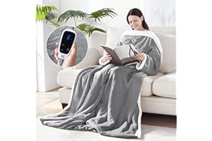 Sealy Electric Blanket Wearable with Foot Pocket, Electric Snuggle Blanket with Sleeves, Flannel & Sherpa Heating Throw with 6 Heat Settings & 2-10 Hours Auto Shut Off, 50 * 70"+18", Light Grey