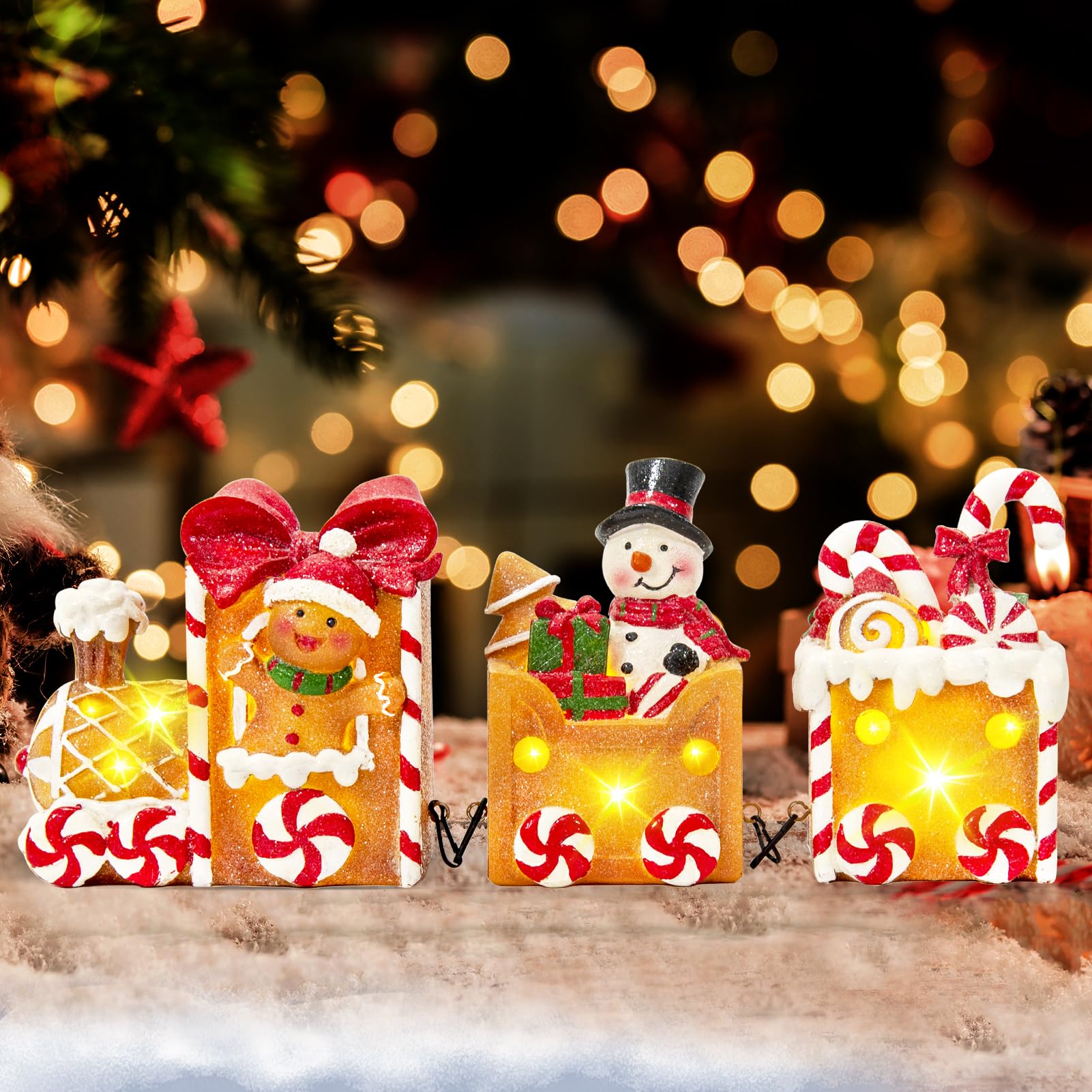 Photo 1 of Christmas Table Decorations Indoor, LED Christmas Snowman Train Figurines Decor with Candy Cane Gingerbread Man, Lighted Christmas Centerpieces Decorations for Xmas Party Gift (Gingerbread Man)