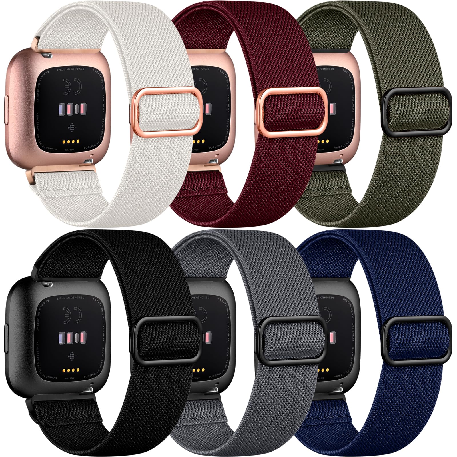 Ouwegaga 6 Pack Elastic Strap Compatible with Fitbit Versa 2/Fitbit Versa/Fitbit Versa Lite Strap, Soft Adjustable Nylon Loop Sport Replacement Wristband for Versa 2/Versa/Versa Lite, Colour B