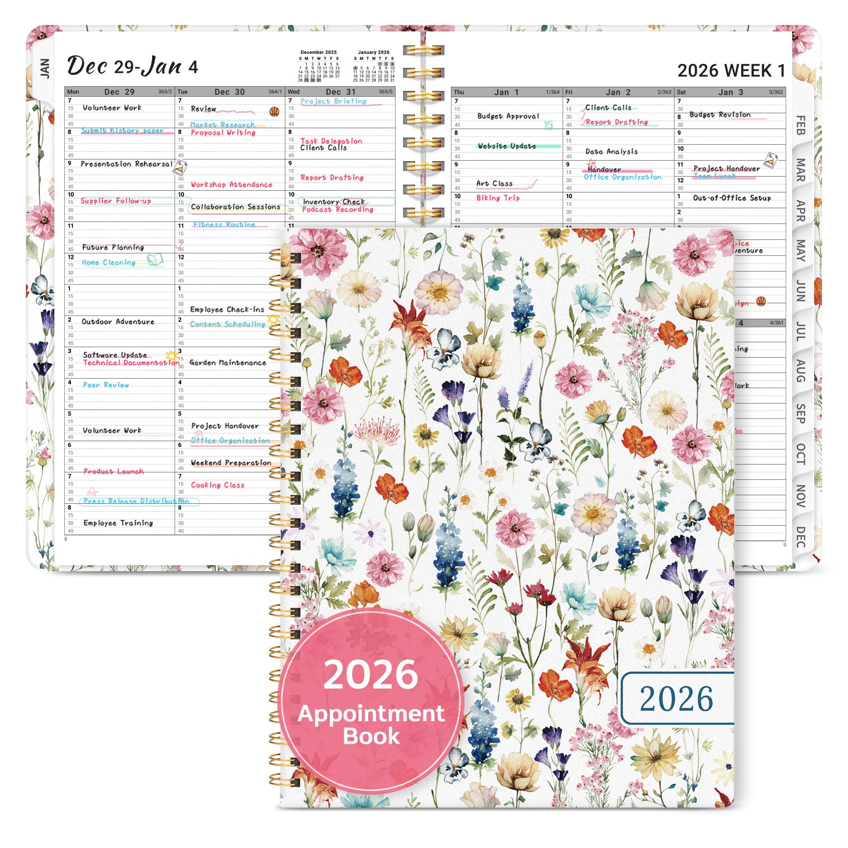 Photo 1 of 2026 Appointment Book Planner, Quarter-Hourly, Weekly & Monthly Appointment Planner (January 2026 - December 2026), 8.5"x11" Schedule Book with Flexible Cover & Tabs, Perfect for Office School Supplies - Wildflowers
