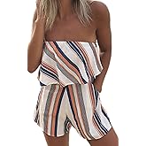ECOWISH Women Off Shoulder Romper Strapless Floral Print Striped Beach Shorts Jumpsuit