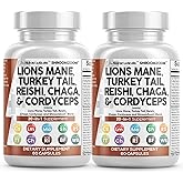 Clean Nutraceuticals Lions Mane 20in1 Mushroom Supplement with Turkey Tail Reishi Cordyceps Chaga Maitake Meshima Poria Cocos Shiitake Oyster Porcini Enoki - 2Pack