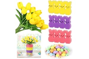 Lettry Easter Decorations, 16 Artificial Tulips with 48 Bunnies and a Bag of Eggs Vase Filler Set, Easter Centerpiece Table Decorations, Spring Home Decoration for Tables (Yellow)