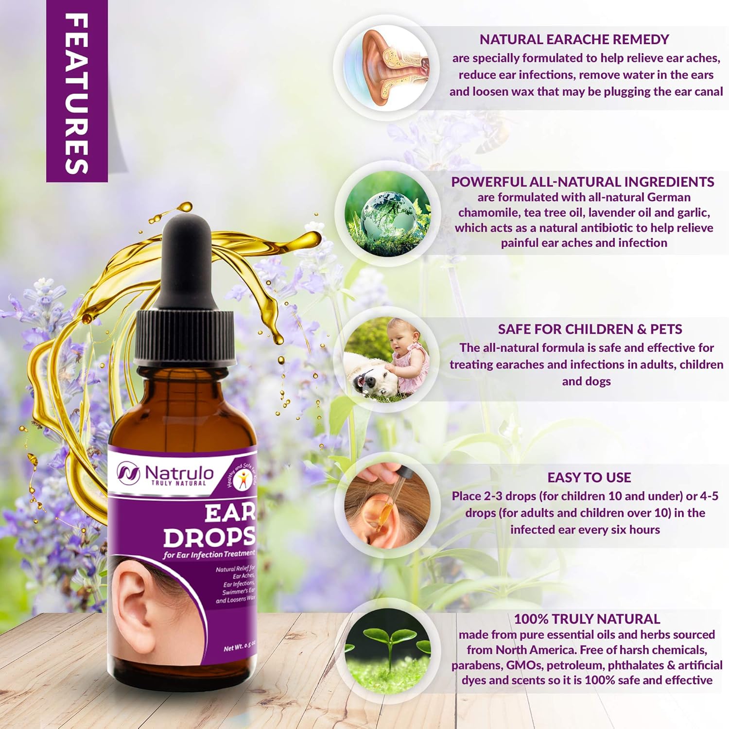 Natrulo Natural Ear Drops for Ear Infection Treatment - Homeopathic, Herbal Eardrops for Adults, Children & Pets - Relieves Ear Aches, Infections, Swimmer's Ear, Loosens Wax - Kids Safe, Made in USA: Health & Personal Care