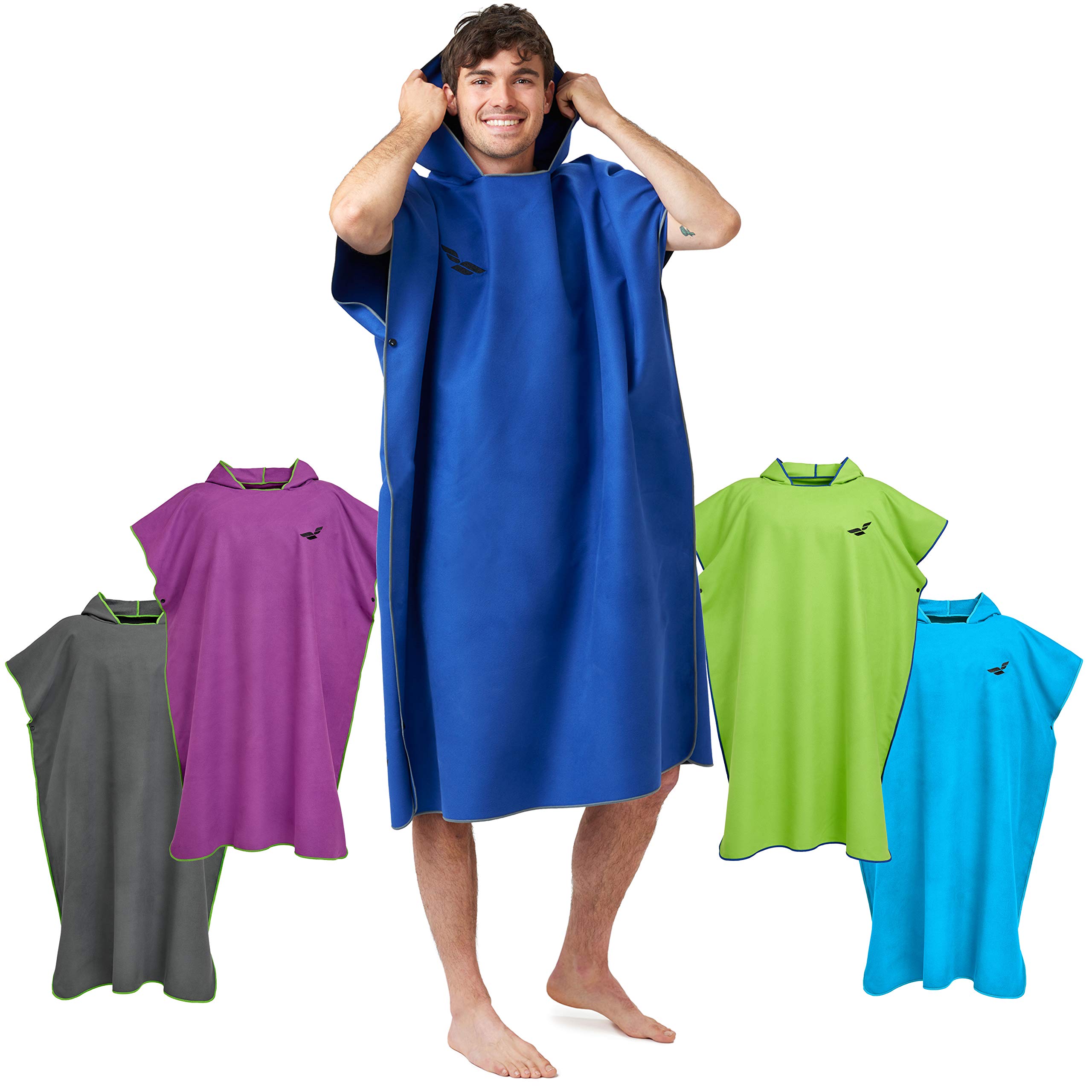 Fit-Flip Changing Robe - Microfibre Swim and Surf Poncho – Beach Robes Adult - Quick Dry Hooded Swimming Towel for Men and Women - size M, Darkblue-Gray