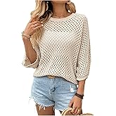GORGLITTER Women's 3/4 Length Sleeve Crochet Tops Summer Hollow Out Pullover Knit Sweater