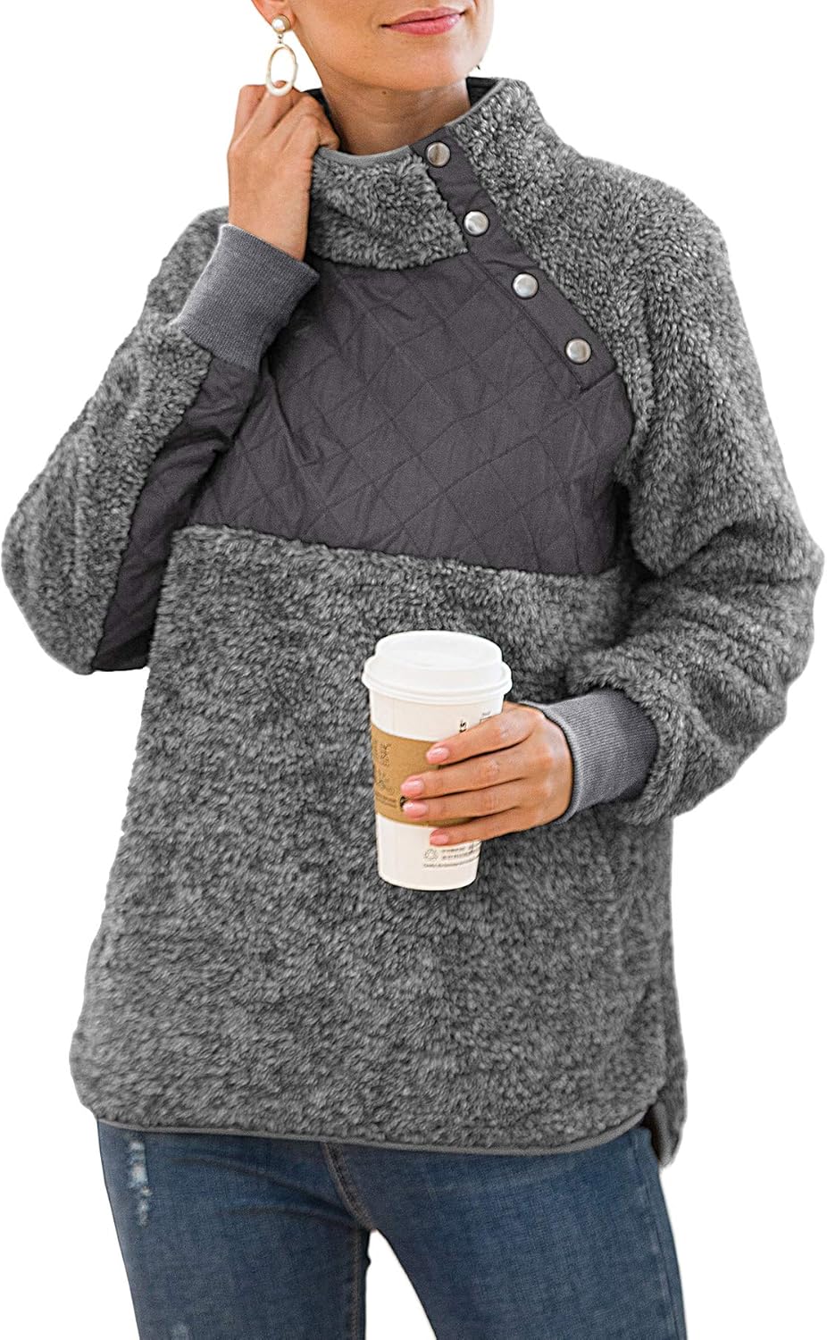 VIISHOW Women's Long Sleeves Quilt Coat Turtleneck Oblique Button Neck Fleece Pullover Coat Sweatshirts Outwear with Pocket at  Women’s Clothing store