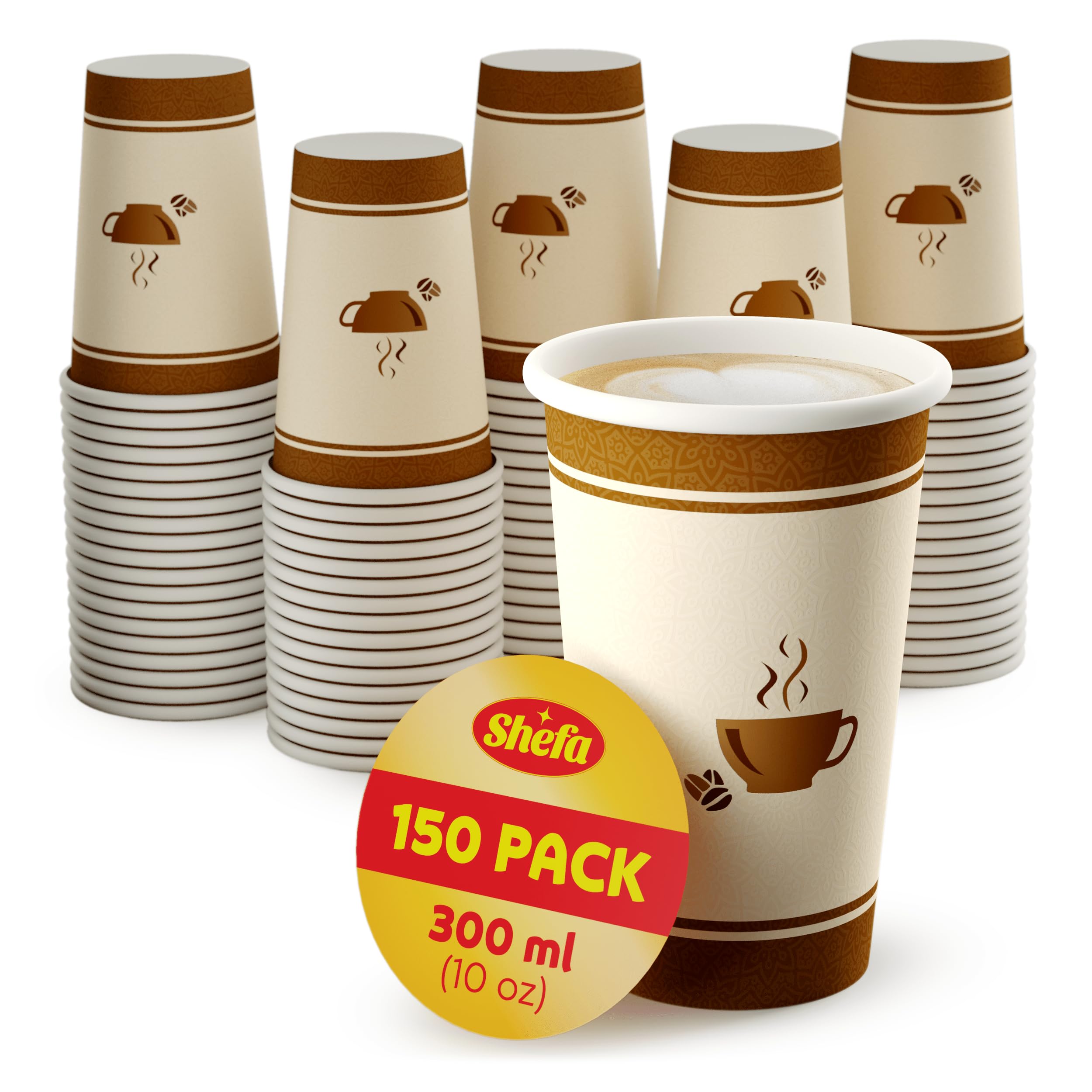 Shefa 10oz, 150 Coffee Cups - Paper Cups for Hot Drinks or Cold Drinks, Hot Cup Takeaway for Coffee Shops - Heat-Resistant Cup, BPA-Free Paper Coffee Cups - Hot Drink Cups