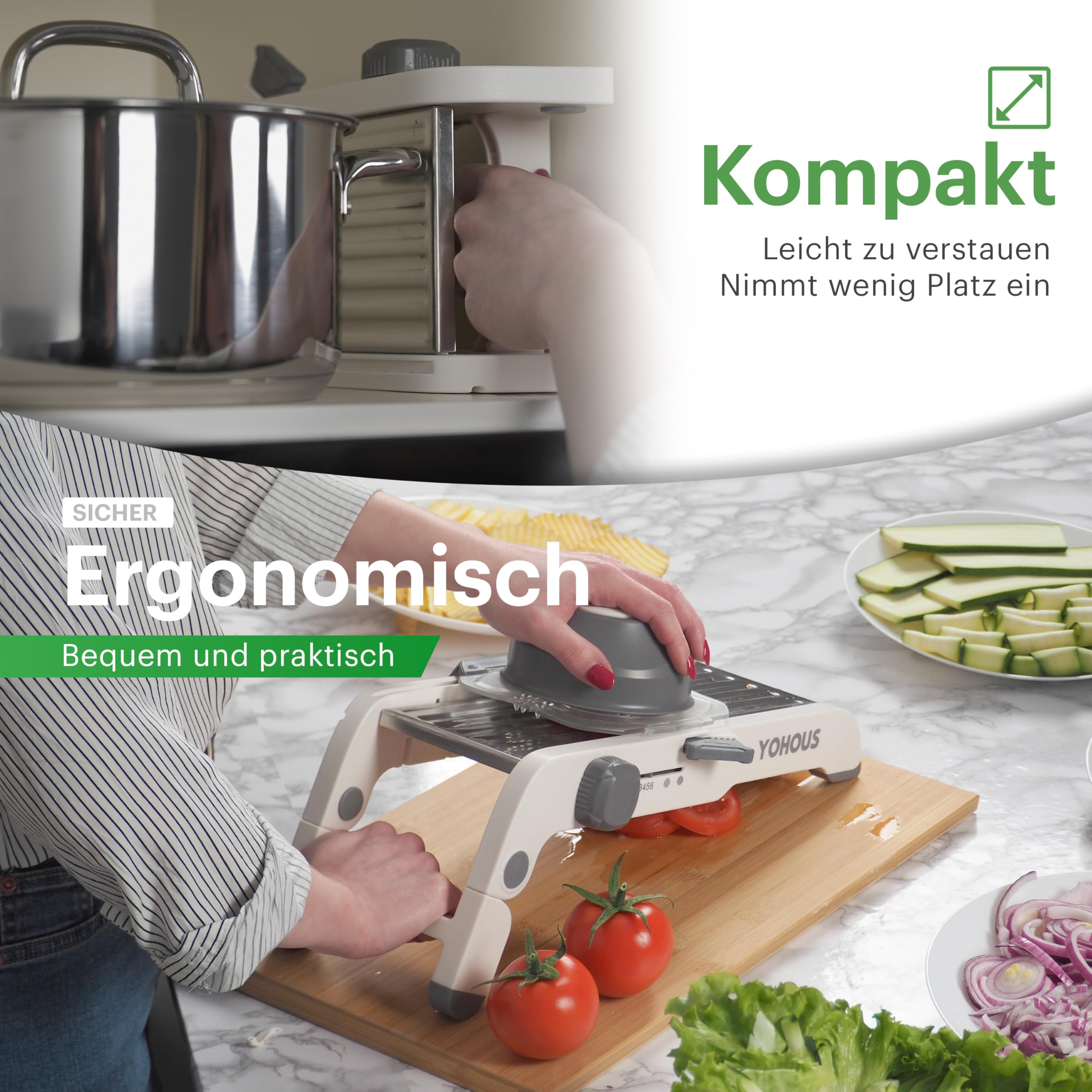 YoHous Gemüsehobel Mandoline Edelstahl – Professioneller Gemüseschneider mit einstellbarer Schnittstärke, Julienne/Würfel/Scheiben, spülmaschinengeeignet 6
