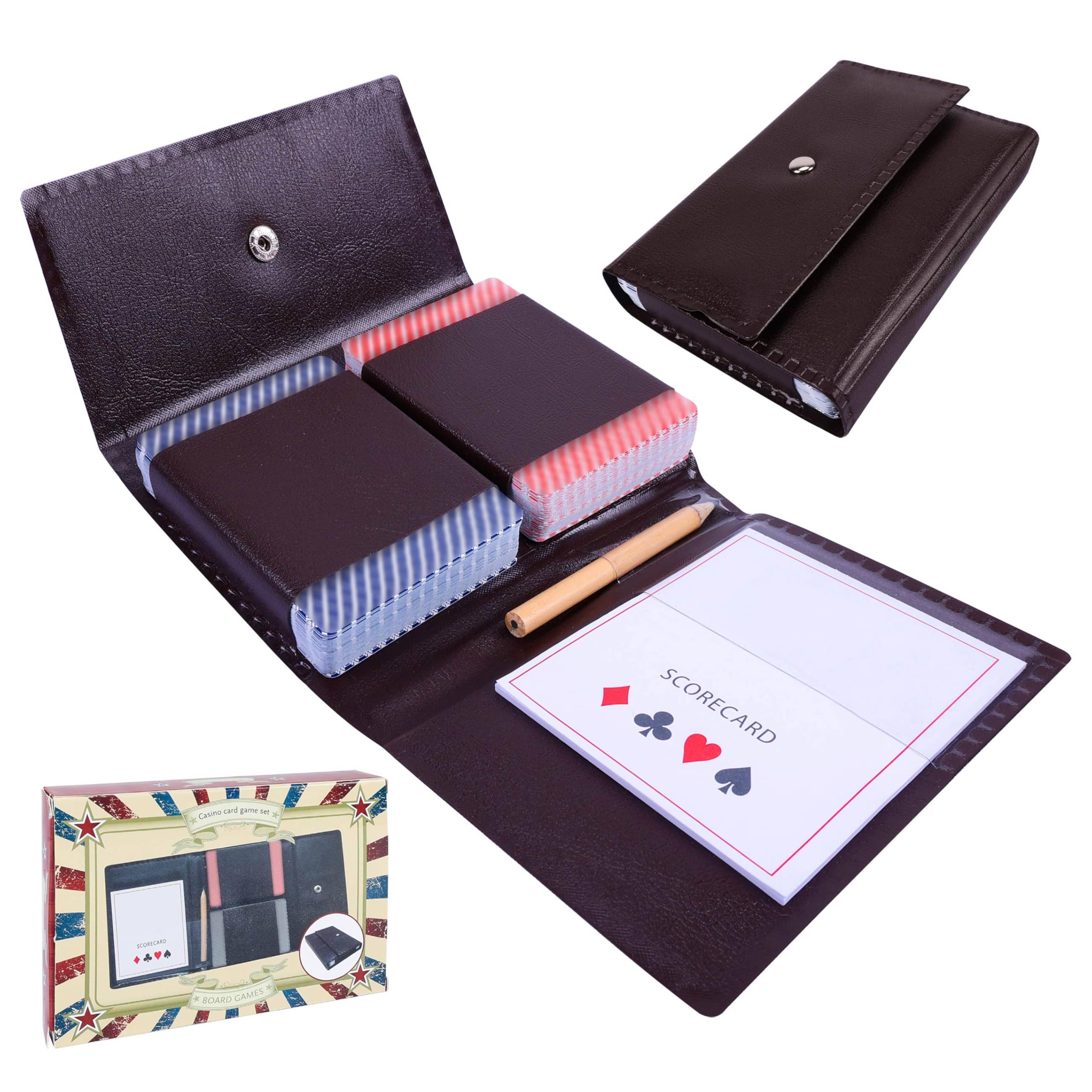 Playing Cards 2 Packs, Leather Case Card Game Set - With 2 Decks of Playing Cards (Standard Playing cards), Pencil and Scorecard Notepad - Also Fits Storage Bridge Size Poker Cards for Outdoor โ image 1