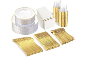 SUT 350Pcs Plastic Dinnerware Set for 50 Guests, Clear and Gold Plastic Plates, Disposable Plates and Napkins Party Supplies, Gold Silverware, Plates, Cups and Napkins Sets for Party Weddings
