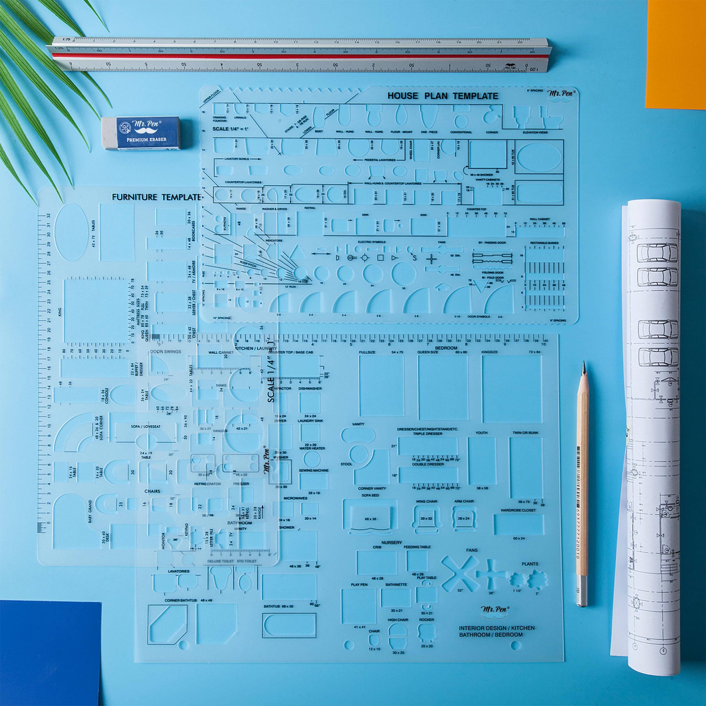 Mr. Pen- House Plan, Interior Design and Furniture Templates, Drafting Tools and Ruler Shapes for Architecture - Set of 3, Back to School Supplies