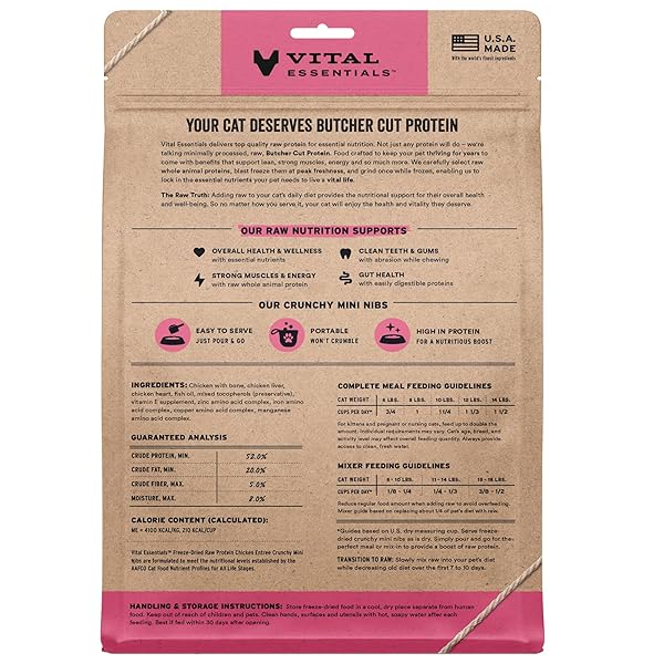 VITAL ESSENTIALS FREEZE DRIED CAT FOOD, RAW CHICKEN CRUNCHY MINI NIBS | COMPLETE MEAL OR TOPPER | 96% CHICKEN, ORGANS & BONE | LIMITED INGREDIENT, HIGH PROTEIN, GRAIN FREE DRY CAT FOOD | 12 OZ BAG