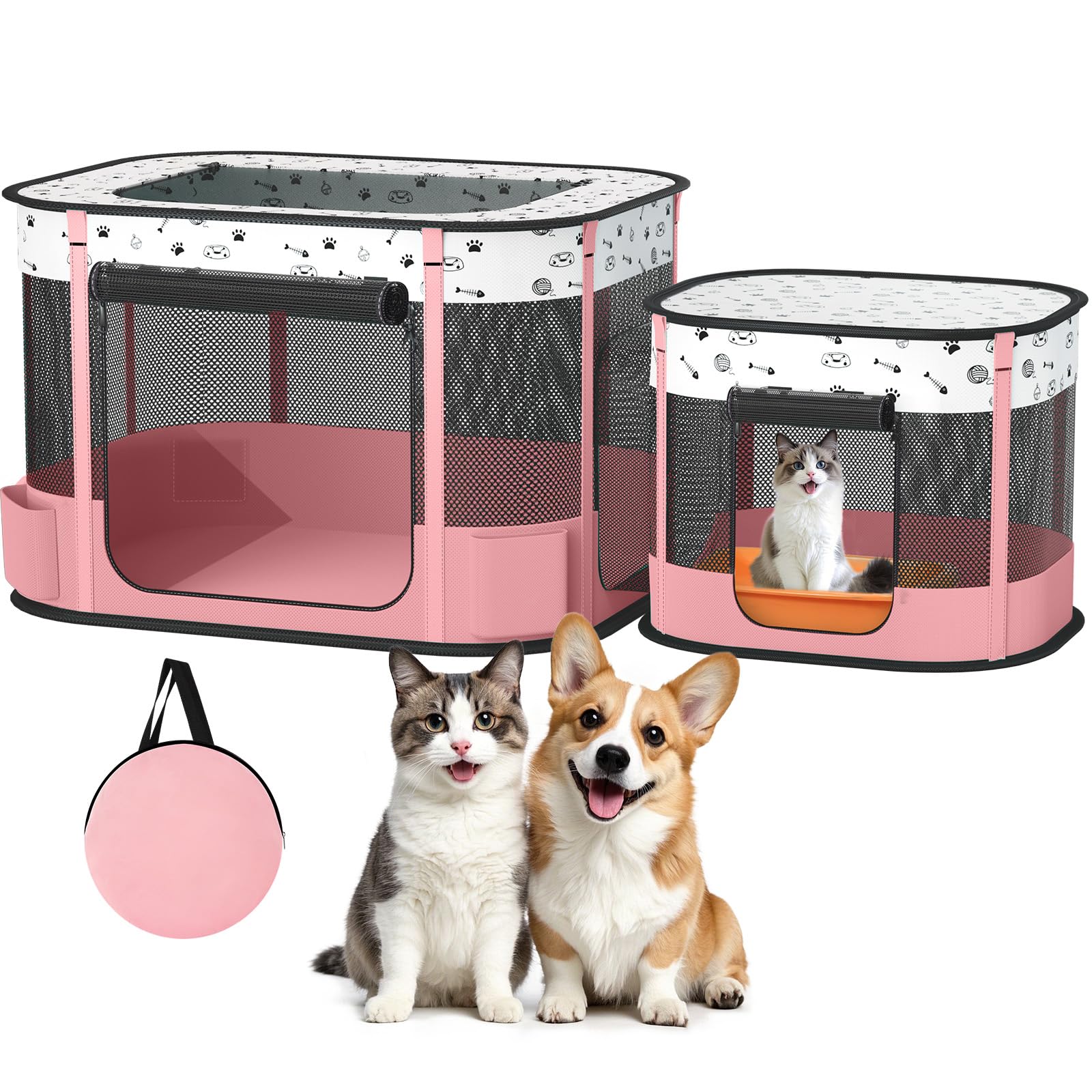 Photo 1 of BUFOR Portable Cat Playpen with litter box area, Foldable Pet Dog Playpen, for Kitten Puppy Play Pen Indoor/Outdoor, Cats Enclosure Cages Tent with Carrying Case, 600D Oxford 8-Rods, 32"x24"x22", Pink