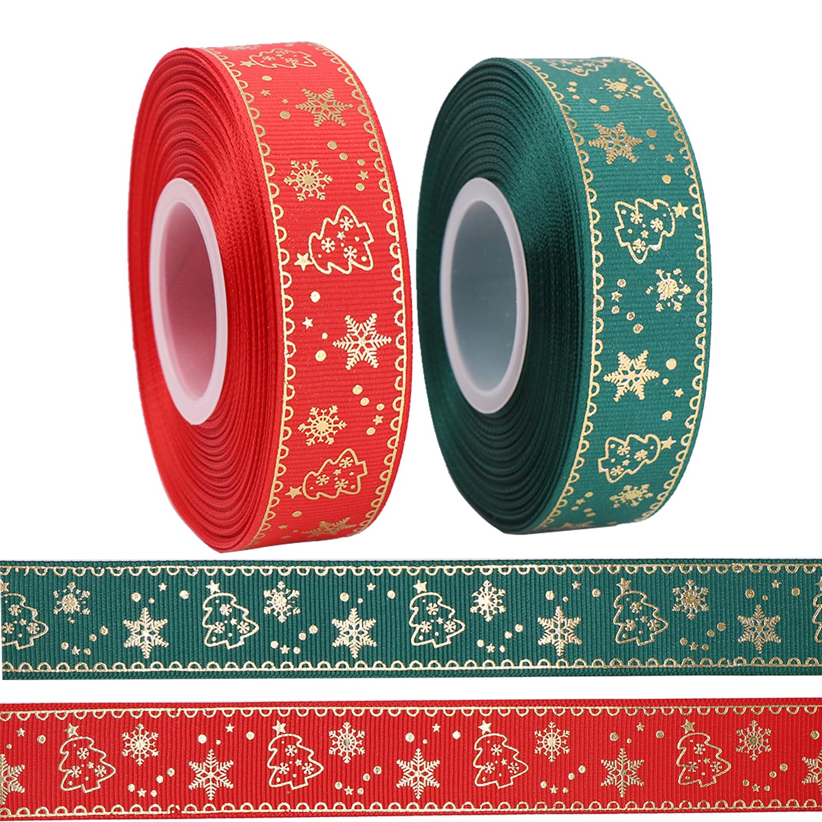 LOOGI Christmas Ribbon 22m, 25mm Grosgrain Ribbons Wide Glitter Red Green Satin Ribbons for Gift Wrapping Crafts Wreaths, 2 Rolls