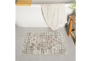 Uphome Boho Bathroom Rugs, Distressed Farmhouse Khaki Bath Mat, Comfy Velvet Small Bath Rugs Non Slip Washable, Vintage Oriental Toilet Rug for Sink Shower Vanity, 18x26 inch