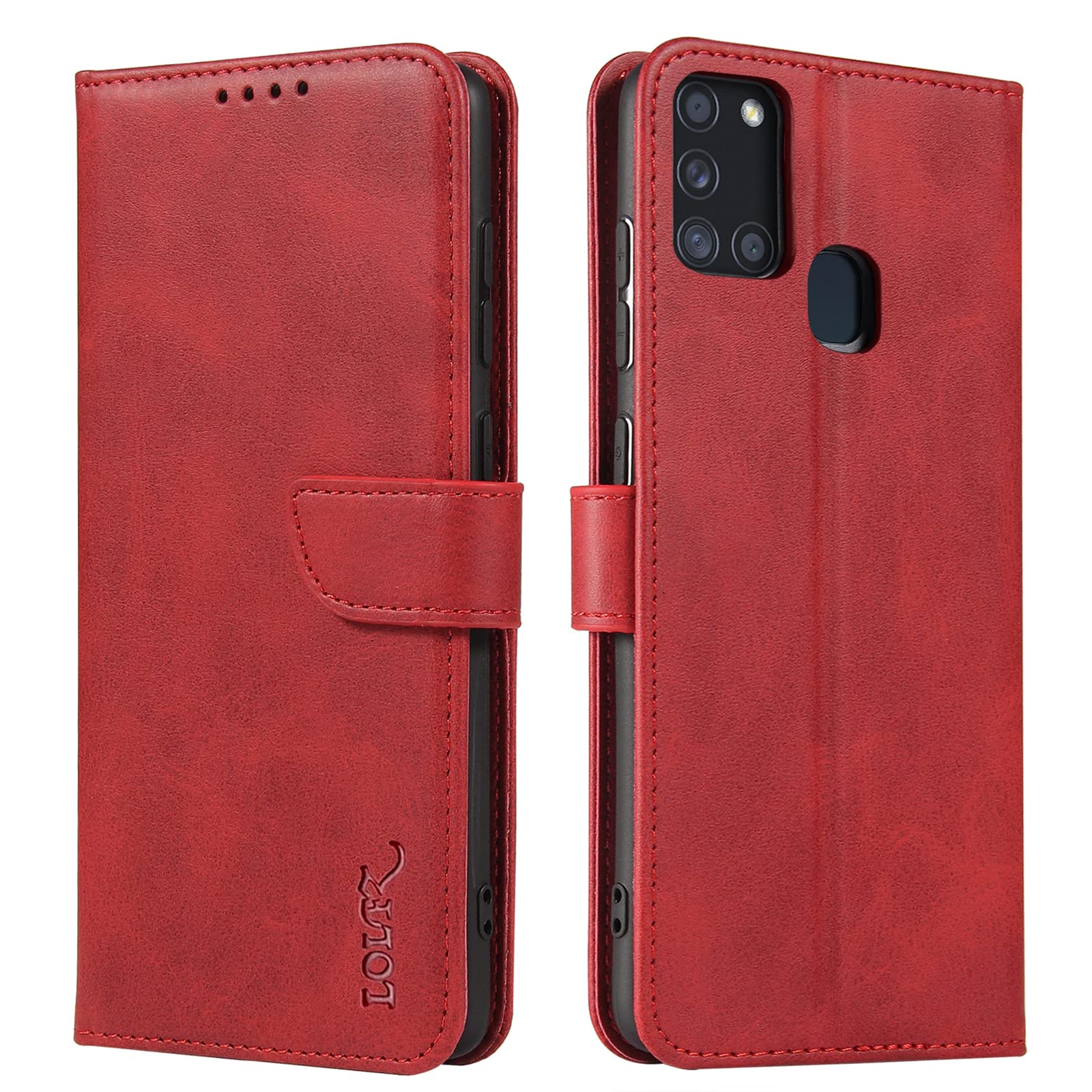 LOLFZ Wallet Case for Samsung Galaxy A21S, Vintage Leather Book Case with Card Holder Kickstand Magnetic Closure Flip Case Cover for Samsung Galaxy A21S - Red