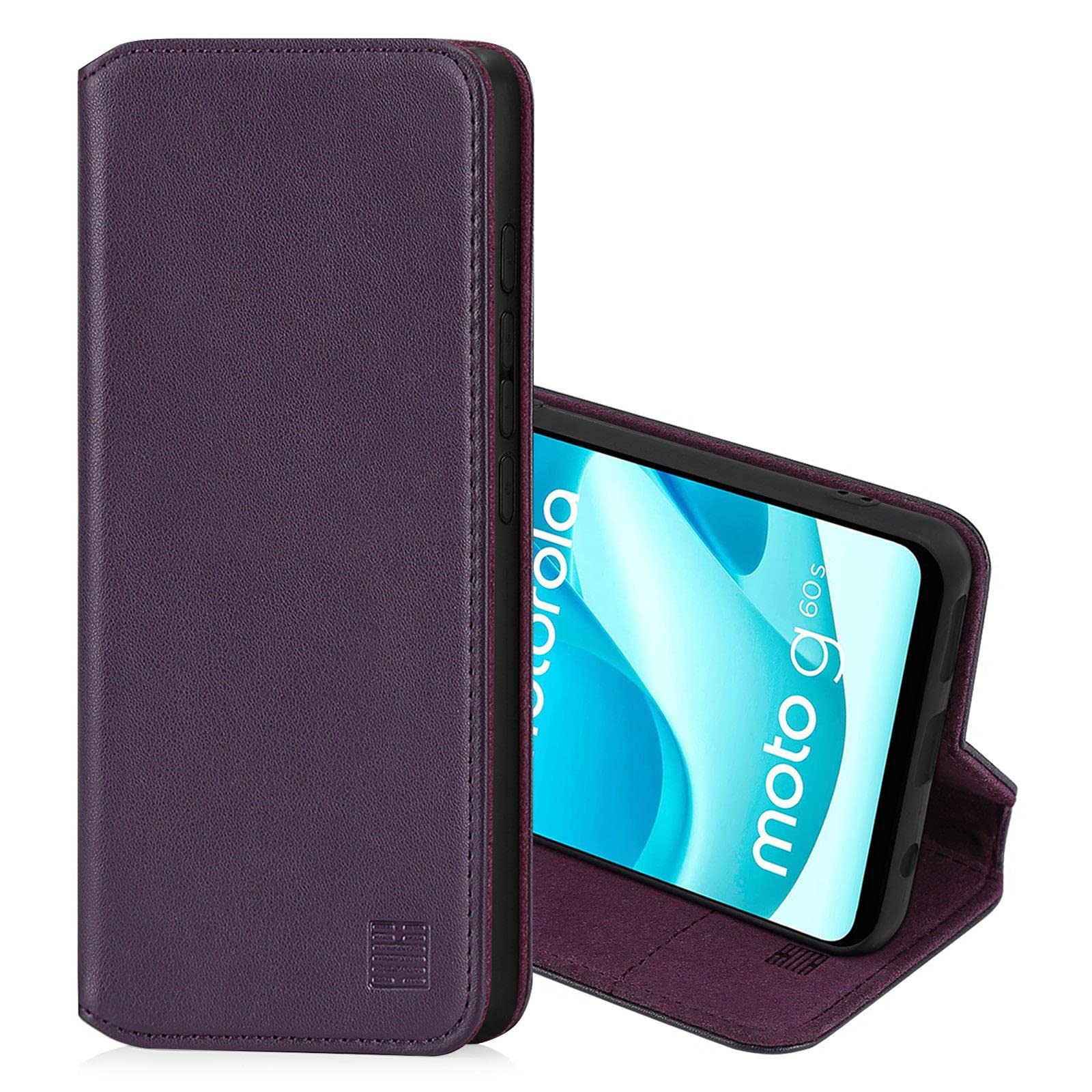 32nd Classic Series 2.0 - Real Leather Book Wallet Flip Case Cover For Motorola Moto G60S, Real Leather Design With Card Slot, Magnetic Closure and Built In Stand - Aubergine