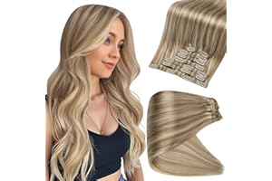 Full Shine Human Hair Clip in Extensions Balayage Seamless Hair Extensions Clip Ins Golden Blonde Mix Light Blonde Real Hair Extensions for Women Brazilian Hair 18 Inch 8 PCS 120 G