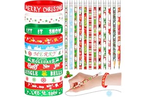 Sabary 48 Pcs Christmas Pencils Silicone Bracelets Set Christmas Party Favors Candycane Plaid Snowman Santa Tree Snowflake Pencils Xmas Wristbands Gifts(Elk,7.48 Inch Pencil)