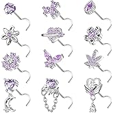 Sanfenly 12 PCS 20G Nose Rings Surgical Stainless Steel, L Shaped Nose Studs for Women Men, CZ Heart Butterfly Flower Leaf Moon Dangle Cute Nose Piercings Studs Screw Jewelry Pink/Purple/Blue/Clear