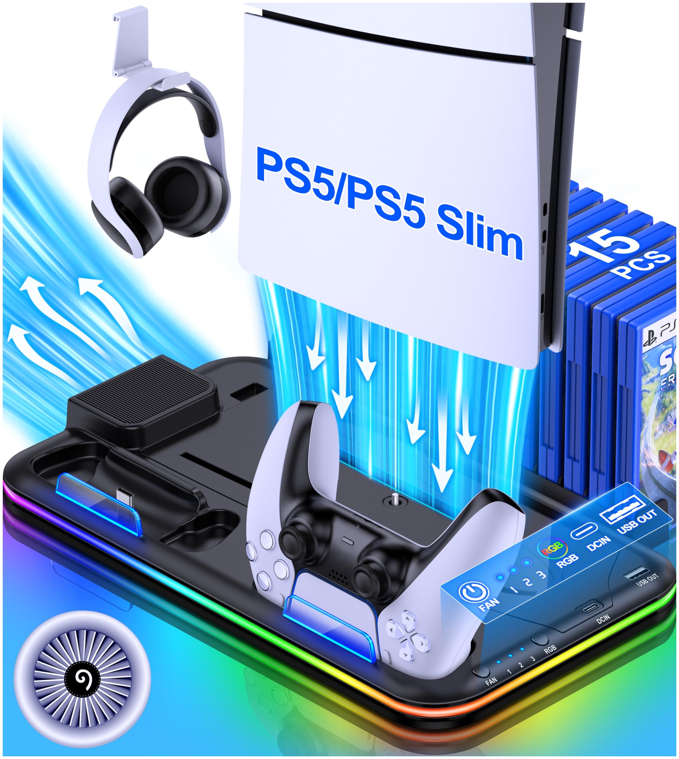 PS5 Slim Stand and Turbo Cooling Station with Controller Charging Station for Playsation 5, PS5 Accessories Kits Incl. 3 Levels Cooling Fan, 15 Game Slot, Headset Holder for P5 Digital/Disc