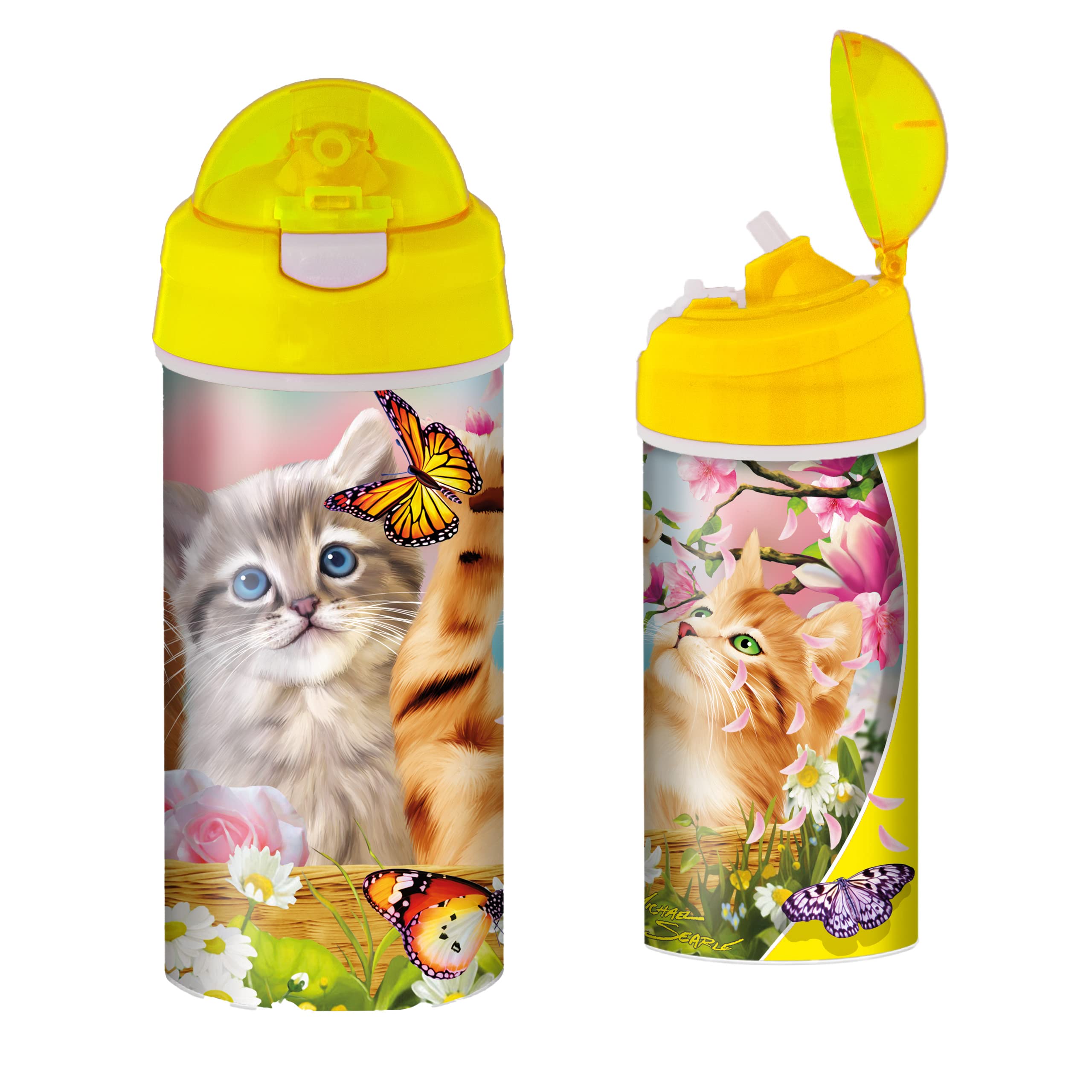 3D LiveLife Drinking Bottle - Kitten Fun Time from Deluxebase. 3D Lenticular 600ml BPA Free Reusable Yellow Water Bottle with Straw and Flip Top Lid. Leak Proof Animal Drinks Bottles with Cat Design. โ image 1
