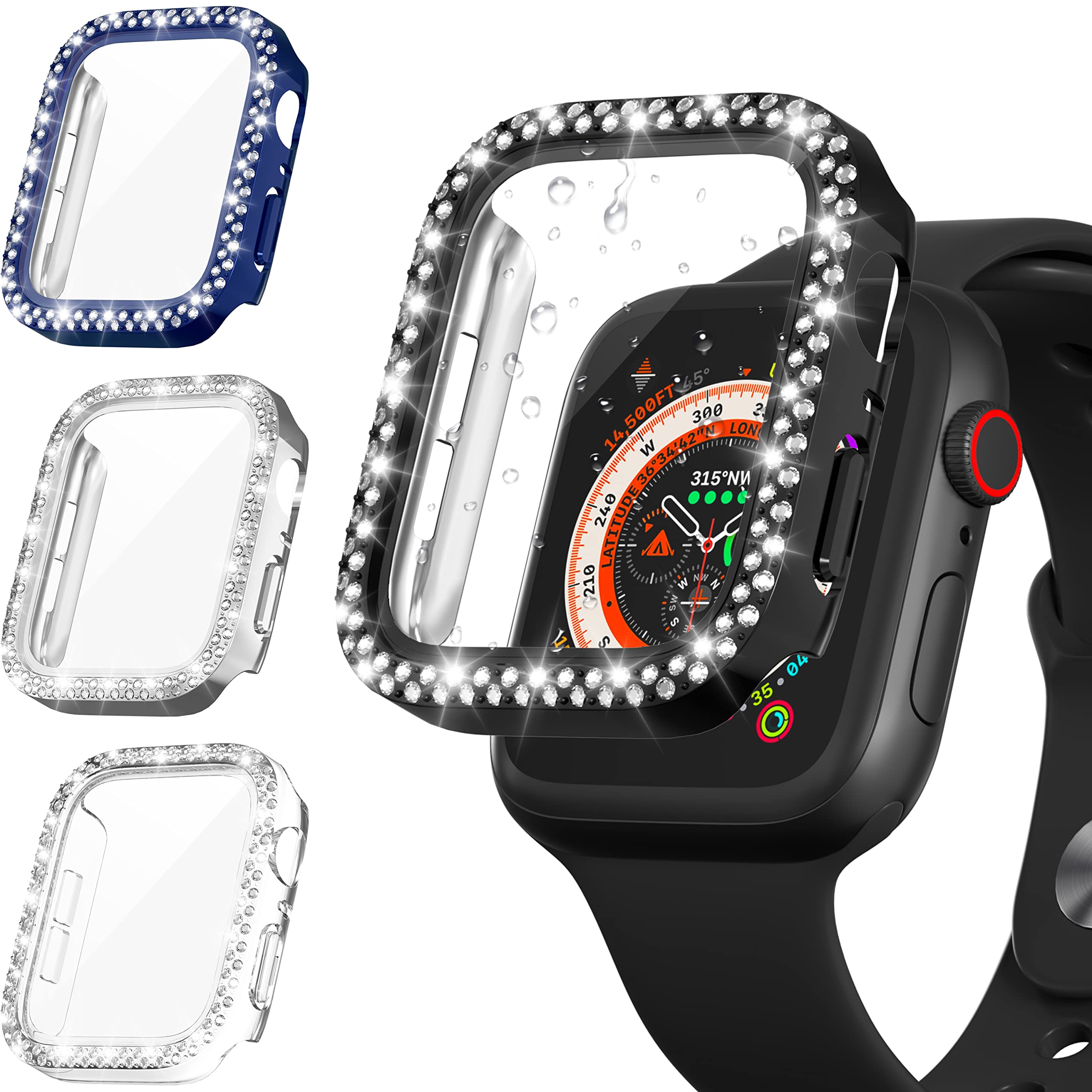 Diruite 4 Pack Screen Protector for Apple Watch Series 9/8/7/6/5/4/SE 2/SE Sparkling Diamond Case,Tempered Glass Hard Matte PC Protective for Apple Watch 45mm 44mm 41mm 40mm Cover