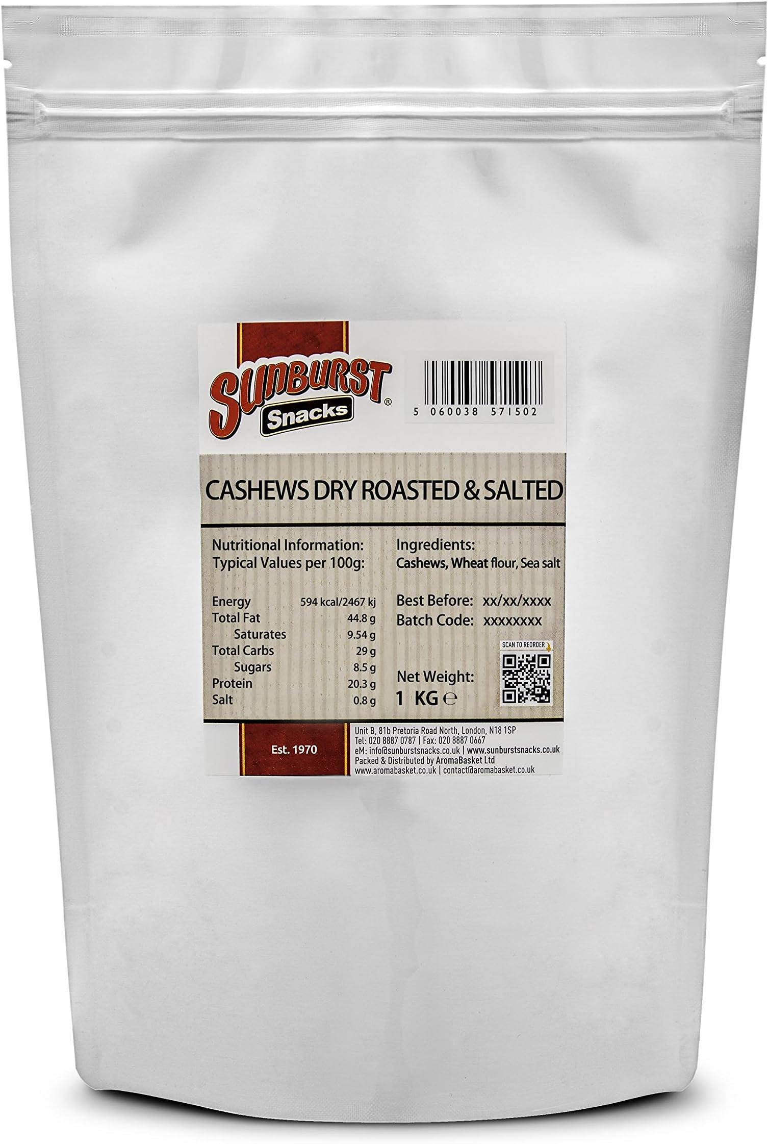 Sunburst Whole Cashew Nuts Dry Roasted and Salted 500 g (Pack of 2)