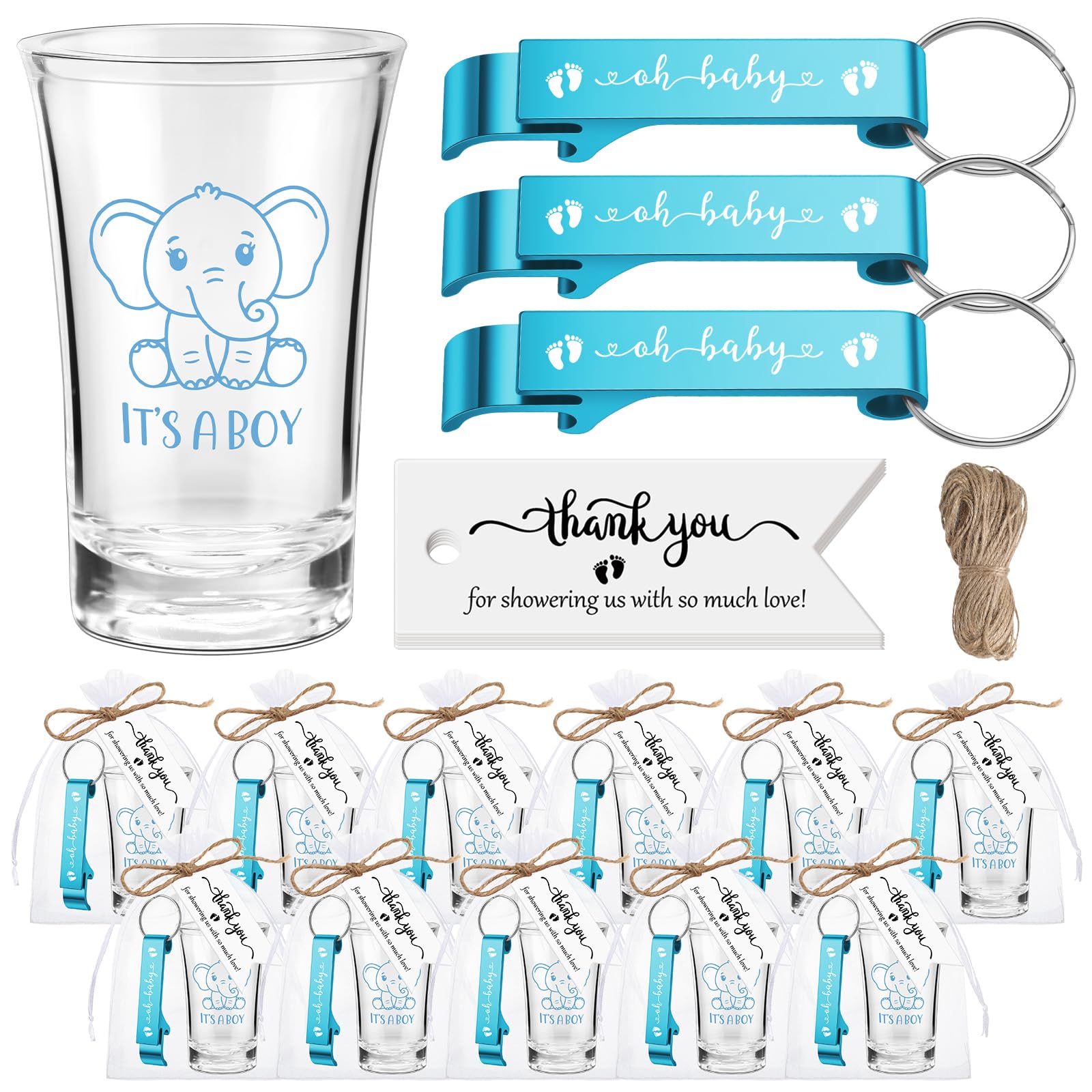 Photo 1 of (ONLY KEY CHANGES) Vesici 25 Sets Baby Shower Party Favors for Guests Elephant Acrylic Shot Glasses Cute Bottle Opener Keychains Thank You Tags Bags for Baby Shower Gender Reveal Birthday Party Guests Return Gift (Boy)
