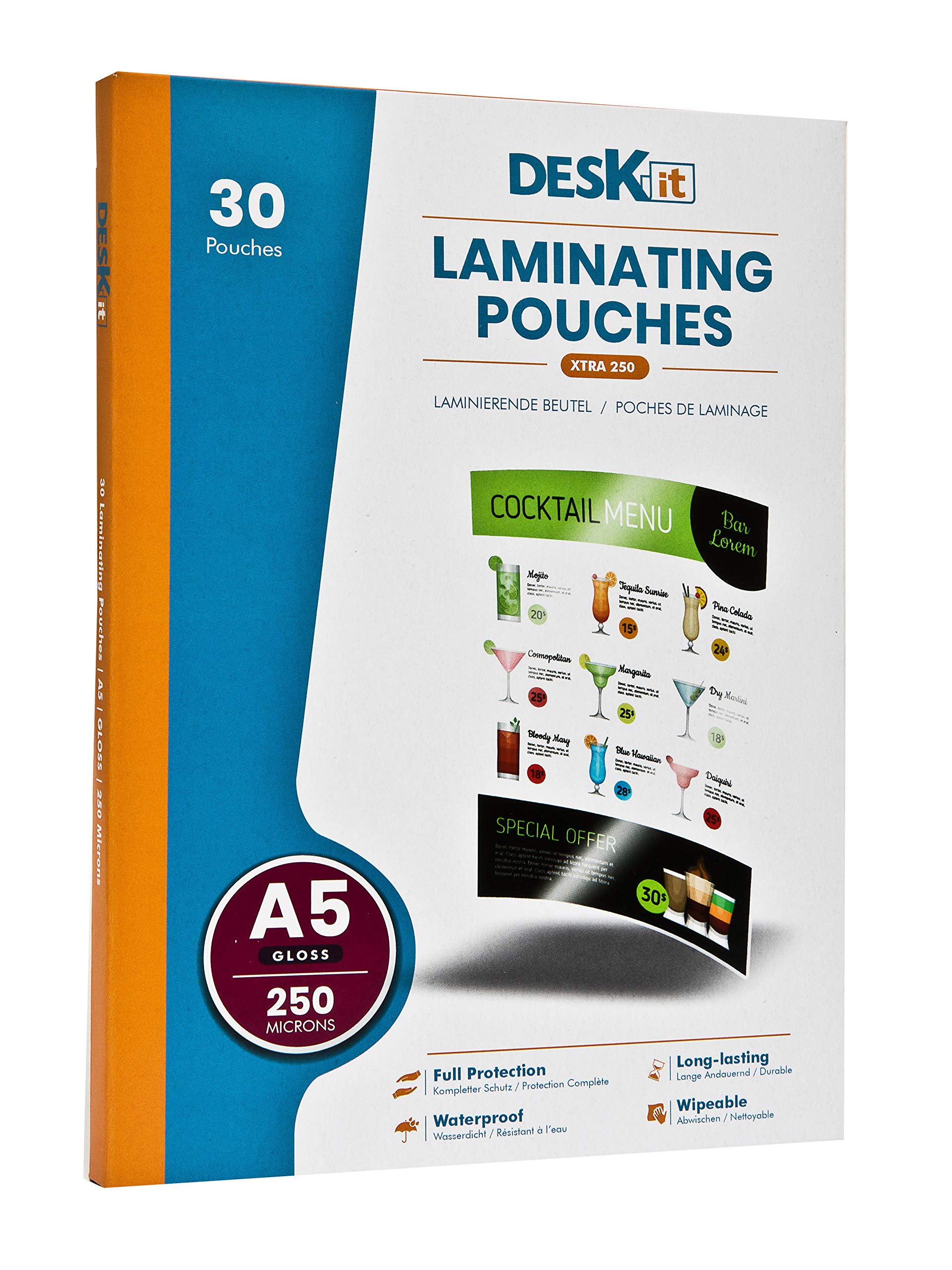 Deskit A5 Laminating Pouches, Gloss, 30 Sheets, 250 Microns - Extra-Strong - Handy Size and Easy Wipe for Menus and Instructions