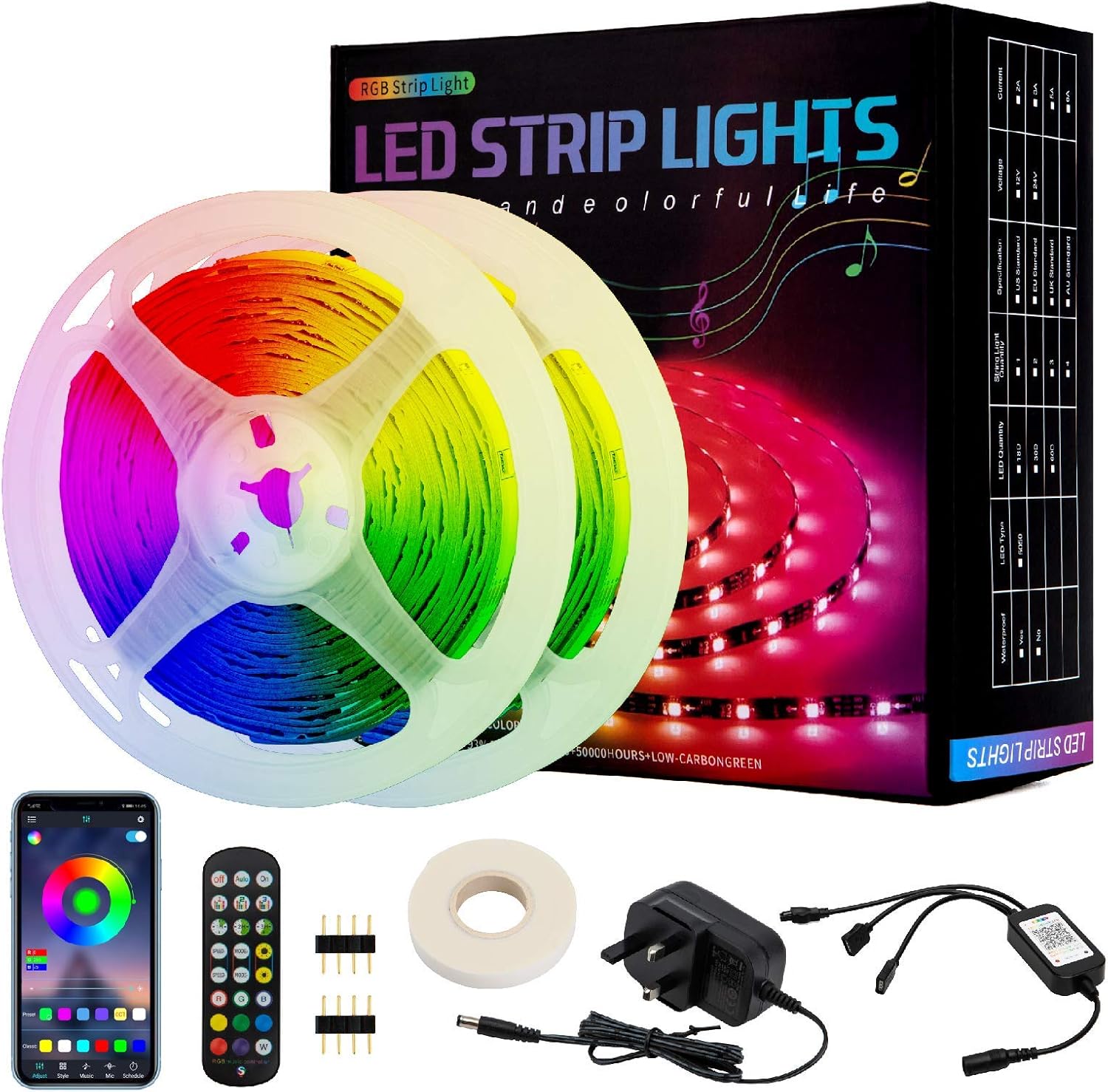 Tuzi 10m RGB Led Strip Lights with Remote, Multicolor Led Light Strips for Bedroom Indoor Use