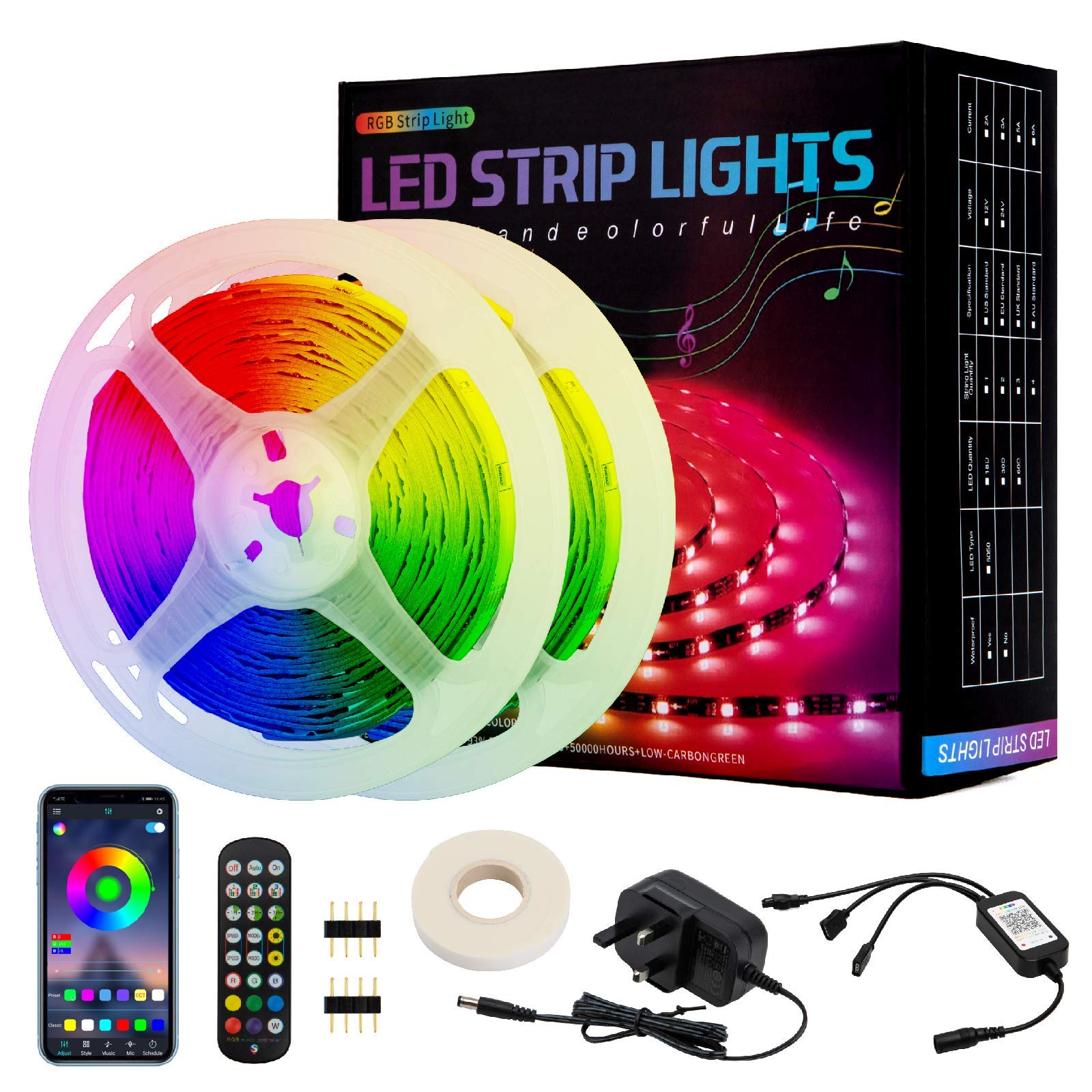 Tuzi 10m RGB Led Strip Lights with Remote, Multicolor Led Light Strips for Bedroom, Indoor Use