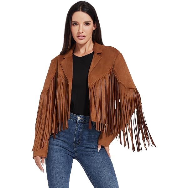 Sema Women's Tan Brown Suede Fringe Coat – Western Style Long Jacket (XS-5XL)