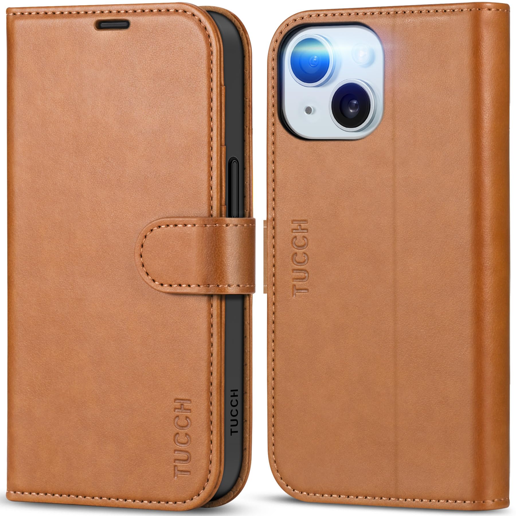 TUCCH Case Wallet for iPhone 15 6.1", [RFID Blocking] [4 Card Slots] Kickstand [Shockproof TPU Interior Case], PU Leather Magnetic Flip Cover Compatible with iPhone 15 5G 2023, Light Brown