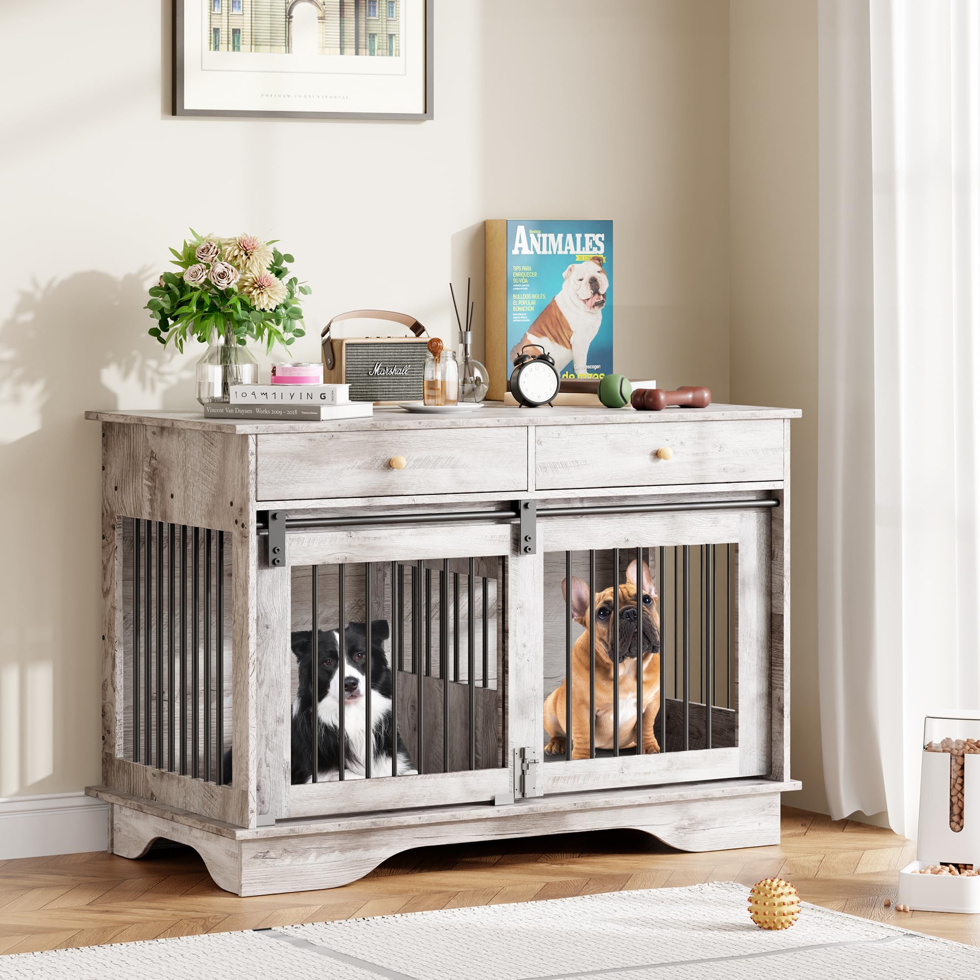 Photo 1 of **SELLING FOR PARTS**47" Dog Furniture Crate, Large Furniture Style Dog Crate w/ 2 Storage Draws & Removable Divider & Triple Door Design for Large/Medium/Small Dogs?Grey