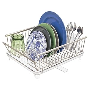 mDesign Large Kitchen Countertop, Sink Dish Drying Rack with Removable Cutlery Tray and Drainboard with Adjustable Swivel Spout - 3 Pieces, Satin Wire/Clear BPA Free Cutlery Caddy and Drainboard