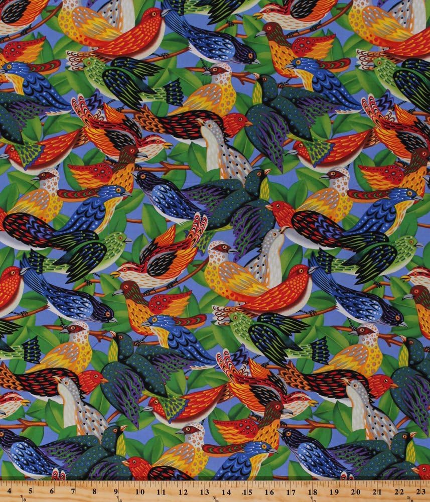 Cotton Ark for Birds Bird on Tree Branches Packed Avian Aviary Colorful Birdie Green Red Orange Blue Cotton Fabric Print by the Yard (J7007-multi)