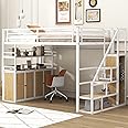 MoproBeti Loft Bed Full Size with Stairs,Metal Full Loft Bed with Wardrobe,Heavy Duty High Loft Bed with Shelves and Storage Lockers for Kids Teens, Adults, Space Saving,White