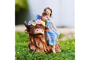 twinbling Solar Angel Garden Statue - Garden Fairy Sitting on a Highland Cow with Flowers, Butterflies and 5 LED Lights - Decorate Table, Terrace, Lawn, Birthdays, Grandma, mom