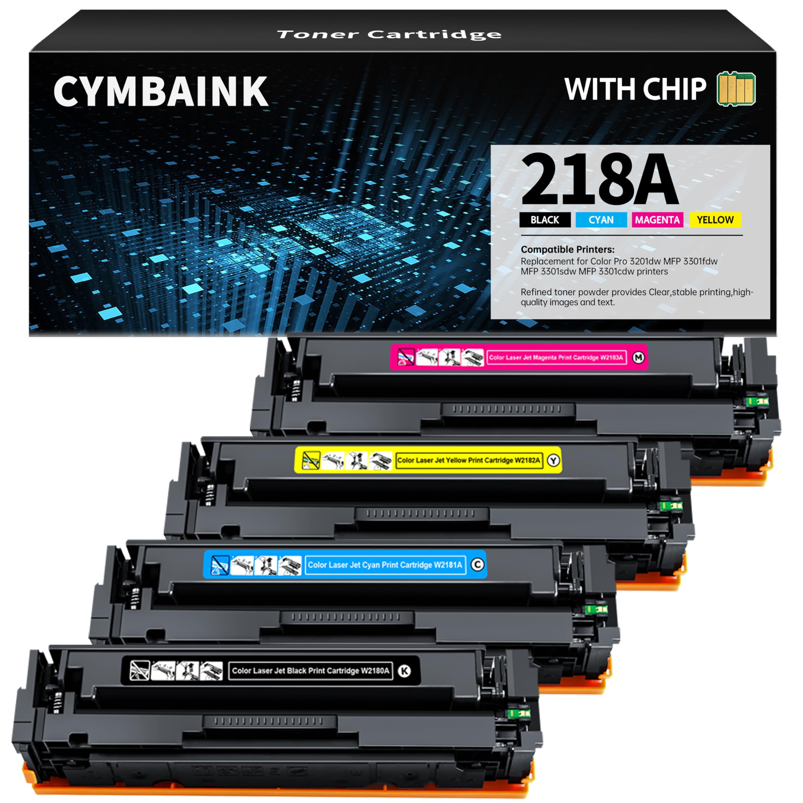 Photo 1 of with Chip 218A Toner Cartridge Replacement for HP 218A 218X Toner for Color Pro 3201dw; Color Pro MFP 3301cdw 3301fdw 3301sdw Printers (4 Pack)