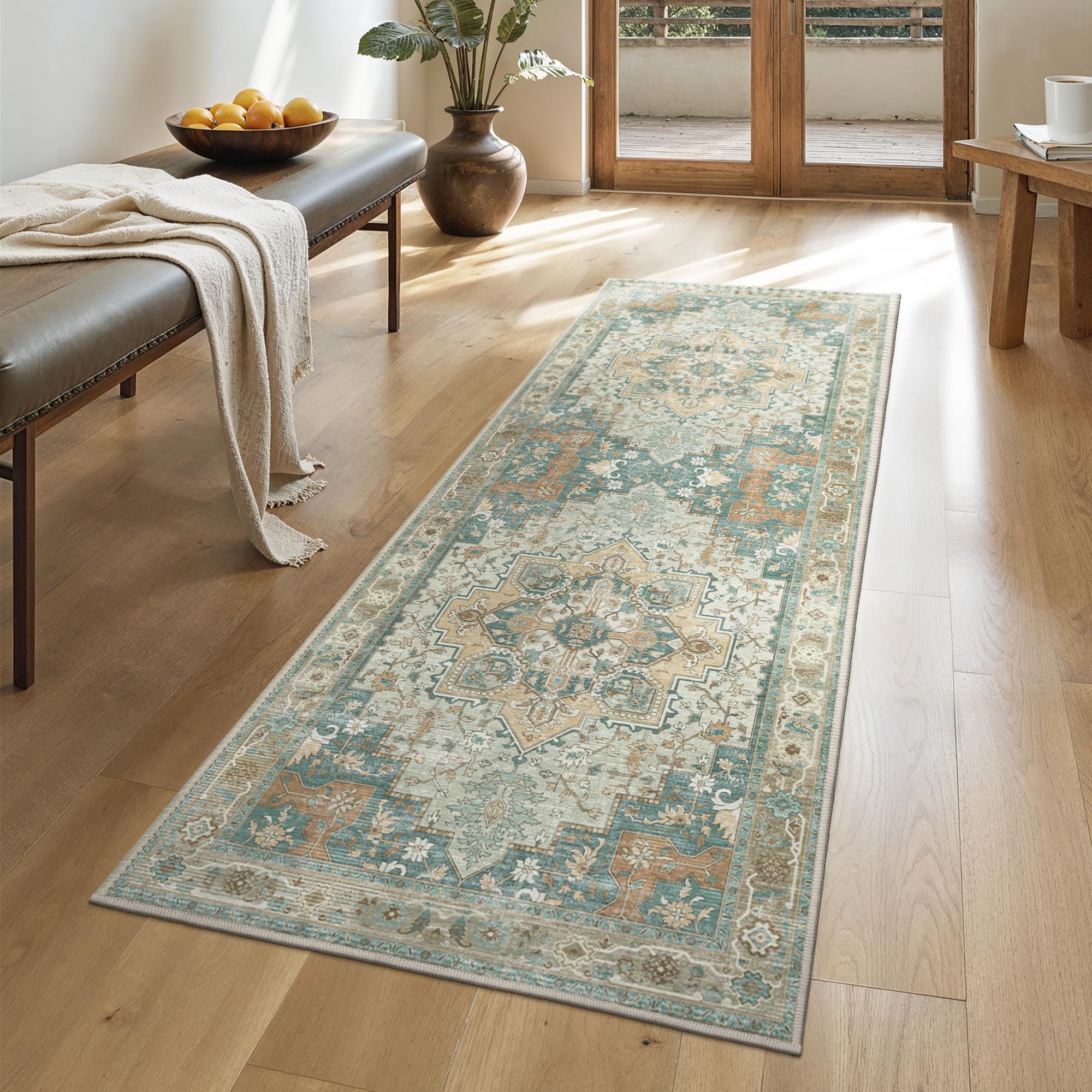 Photo 1 of GENIMO 2x10 Runner Rugs for Hallway, Machine Washable Non Slip Vintage Rugs, Low Pile Lightweight Soft Print Rug for enrtyway, Corridor, Home Office, Kitchen,Ash Blue