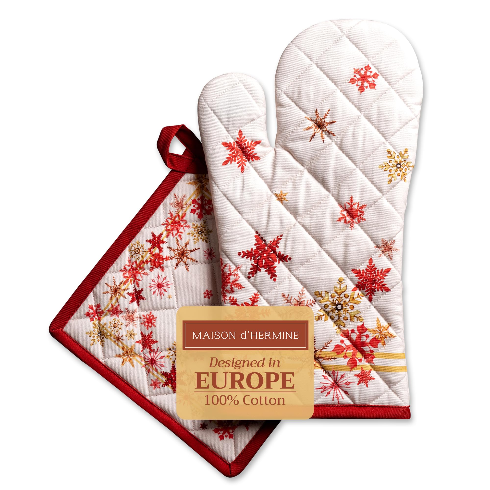 Maison d' Hermine 100% Cotton Oven Mitt & Pot Holder Set (19 x 33 cm & 20 x 20 cm) Heat Resistant BBQ Cooking Gloves with Loop for Christmas Decorations Baking Handling Hot Pans (Crystal Star)